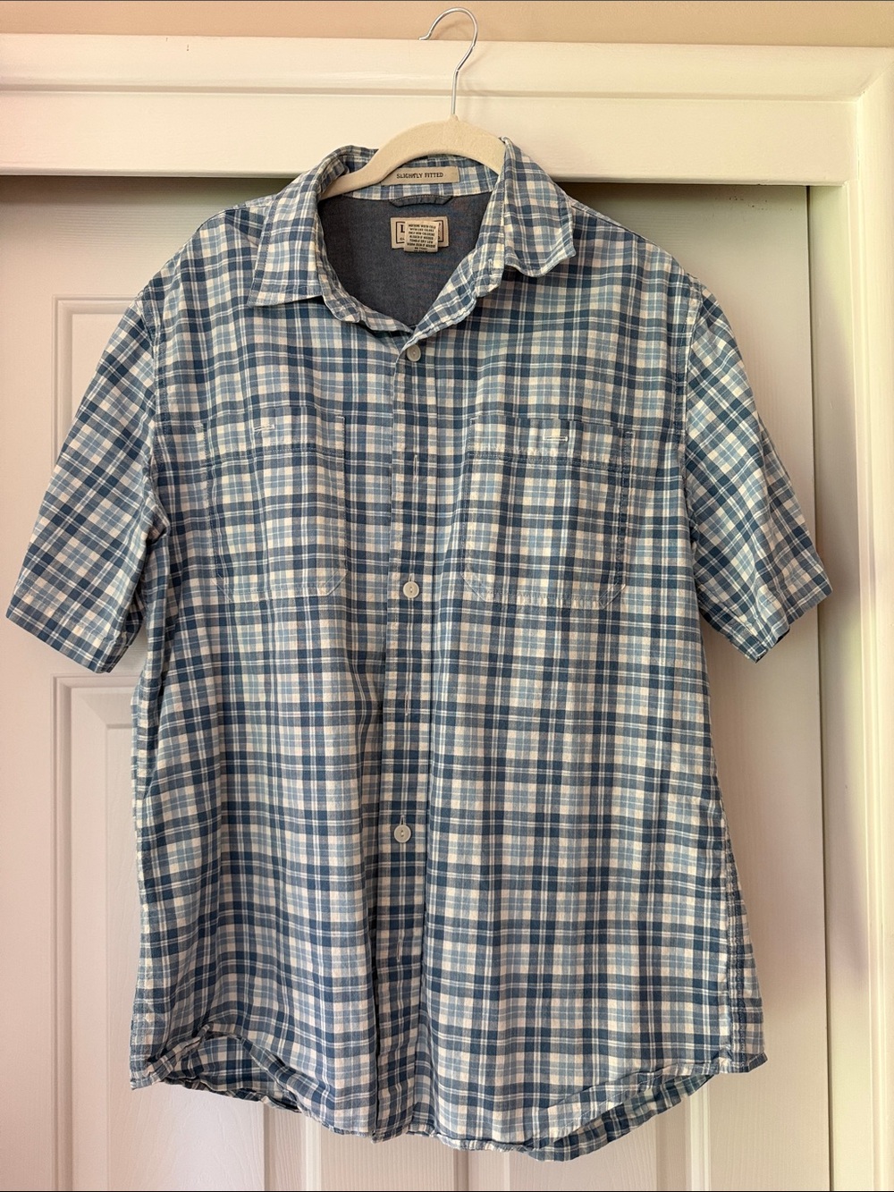 LL Bean men’s Short-Sleeve Blue Plaid Shirt - Lightweight Casual sz medium
